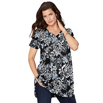 Roaman's Women's Plus Size Plus Size Cotton Short Sleeve V-Neck Ultimate Tunic