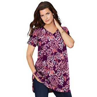 Roaman's Women's Plus Size Plus Size Cotton Short Sleeve V-Neck Ultimate Tunic