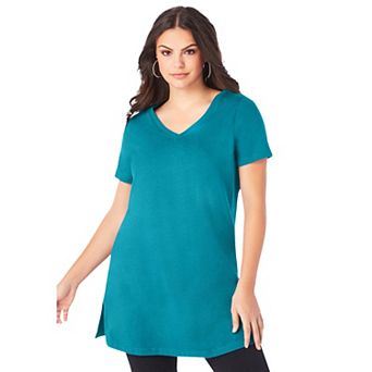 Roaman's Women's Plus Size Cotton Short Sleeve V-Neck Ultimate Tunic