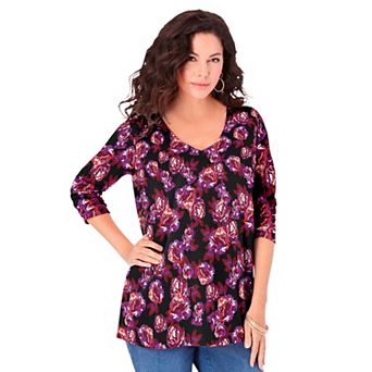 Roaman's Women's Plus Size Ultimate Long Sleeve V Neck Tee