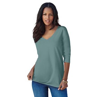 Roaman's Women's Plus Size Ultimate Long Sleeve V Neck Tee