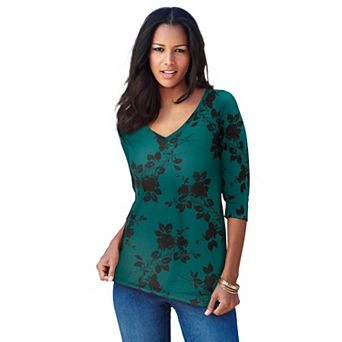 Roaman's Women's Plus Size Ultimate Long Sleeve V Neck Tee