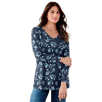 Roaman's Women's Plus Size Ultimate Long Sleeve V Neck Tee
