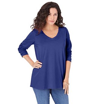 Roaman's Women's Plus Size Ultimate Long Sleeve V Neck Tee