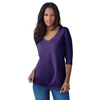 Roaman's Women's Plus Size Ultimate Long Sleeve V Neck Tee