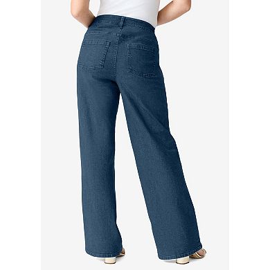 Roaman's Women's Plus Size Petite Invisible Stretch Iconic Wide Leg Jean