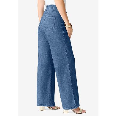 Roaman's Women's Plus Size Petite Plus Size 24/7 Stretch Wide Leg Jean