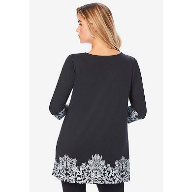 Roaman's Women's Plus Size Ultra Drape V Neck Lace Print Tee