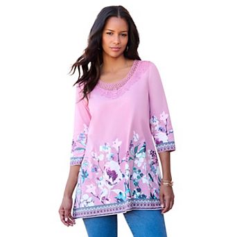 Roaman's Women's Plus Size Ultra Drape V Neck Lace Print Tee