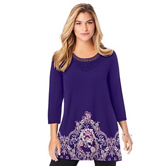 Roaman's Women's Plus Size Ultra Drape V Neck Lace Print Tee