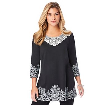 Roaman's Women's Plus Size Ultra Drape V Neck Lace Print Tee