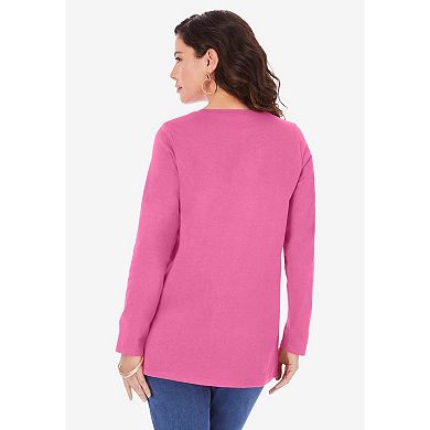 Roaman's Women's Plus Size Ultimate Cotton Crewneck Long Sleeve Tee