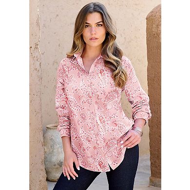 Roaman's Women's Plus Size Kate Long Sleeve Easy Cotton-Blend Button-Front Shirt