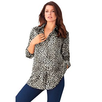 Roaman's Women's Plus Size Kate Long Sleeve Easy Cotton-Blend Button-Front Shirt