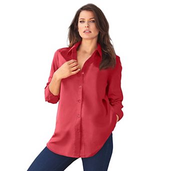 Roaman's Women's Plus Size Kate Long Sleeve Easy Cotton-Blend Button-Front Shirt