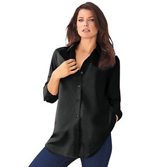 Roaman's Women's Plus Size Kate Long-Sleeve Crisp Cotton-Blend Button-Front Shirt