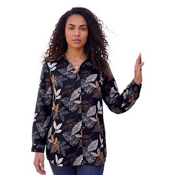 Roaman's Women's Plus Size Kate Long Sleeve Easy Cotton-Blend Button-Front Shirt
