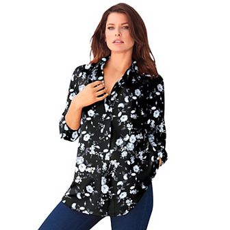 Roaman's Women's Plus Size Plus Size Kate Long Sleeve Easy Cotton-Blend Button-Front Shirt