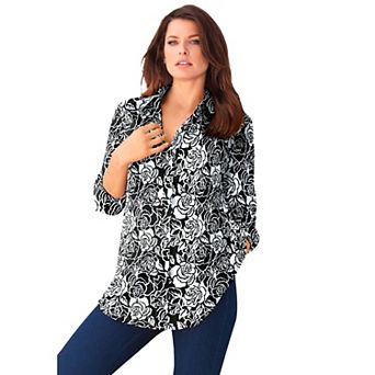 Roaman's Women's Plus Size Kate Long Sleeve Easy Cotton-Blend Button-Front Shirt