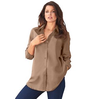 Roaman's Women's Plus Size Plus Size Kate Long Sleeve Easy Cotton-Blend Button-Front Shirt