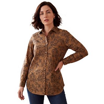 Roaman's Women's Plus Size Kate Long Sleeve Easy Cotton-Blend Button-Front Shirt