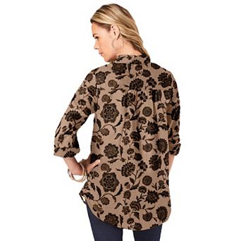 Roaman's Women's Plus Size Plus Size Kate Long Sleeve Easy Cotton-Blend Button-Front Shirt