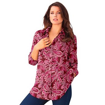 Roaman's Women's Plus Size Plus Size Kate Long Sleeve Easy Cotton-Blend Button-Front Shirt