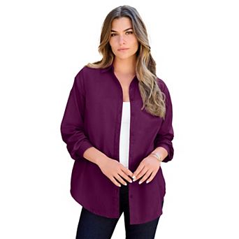Roaman's Women's Plus Size Kate Long Sleeve Easy Cotton-Blend Button-Front Shirt