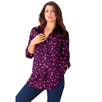 Roaman's Women's Plus Size Plus Size Kate Long Sleeve Easy Cotton-Blend Button-Front Shirt