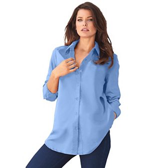 Roaman's Women's Plus Size Plus Size Kate Long Sleeve Easy Cotton-Blend Button-Front Shirt