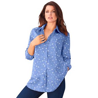 Roaman's Women's Plus Size Kate Long Sleeve Easy Cotton-Blend Button-Front Shirt