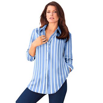 Roaman's Women's Plus Size Kate Long Sleeve Easy Cotton-Blend Button-Front Shirt