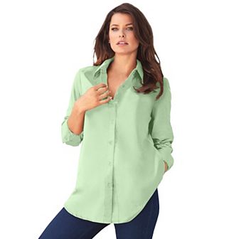 Roaman's Women's Plus Size Plus Size Kate Long Sleeve Easy Cotton-Blend Button-Front Shirt