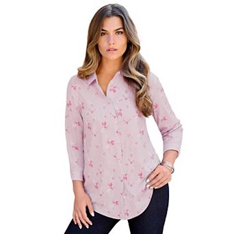 Roaman's Women's Plus Size Kate Long Sleeve Easy Cotton-Blend Button-Front Shirt
