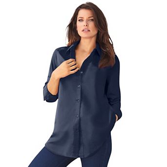 Roaman's Women's Plus Size Plus Size Kate Long Sleeve Easy Cotton-Blend Button-Front Shirt