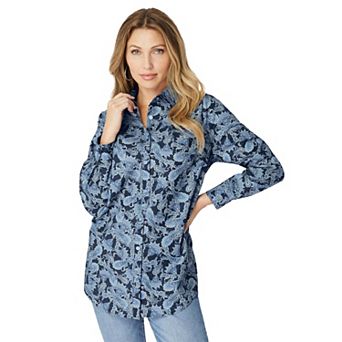Roaman's Women's Plus Size Kate Long Sleeve Easy Cotton-Blend Button-Front Shirt