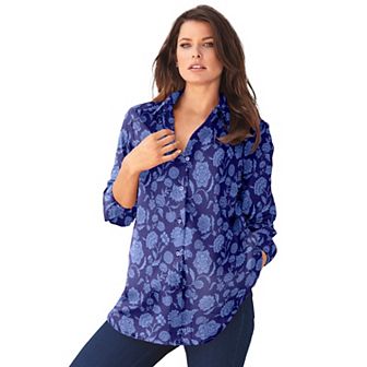 Roaman's Women's Plus Size Plus Size Kate Long Sleeve Easy Cotton-Blend Button-Front Shirt