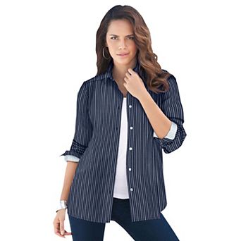 Roaman's Women's Plus Size Kate Long Sleeve Easy Cotton-Blend Button-Front Shirt