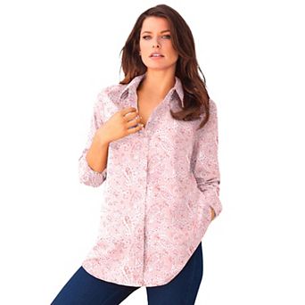 Roaman's Women's Plus Size Kate Long Sleeve Easy Cotton-Blend Button-Front Shirt