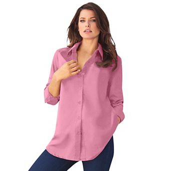 Roaman's Women's Plus Size Plus Size Kate Long Sleeve Easy Cotton-Blend Button-Front Shirt