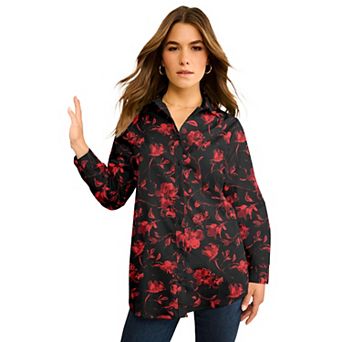 Roaman's Women's Plus Size Kate Long Sleeve Easy Cotton-Blend Button-Front Shirt