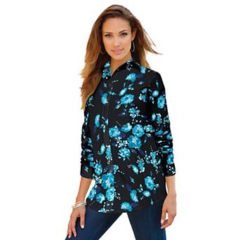 Roaman's Women's Plus Size Kate Long Sleeve Easy Cotton-Blend Button-Front Shirt