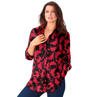 Roaman's Women's Plus Size Plus Size Kate Long Sleeve Easy Cotton-Blend Button-Front Shirt