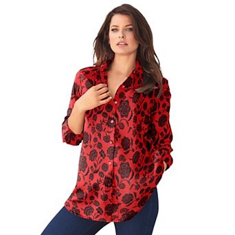Roaman's Women's Plus Size Plus Size Kate Long Sleeve Easy Cotton-Blend Button-Front Shirt