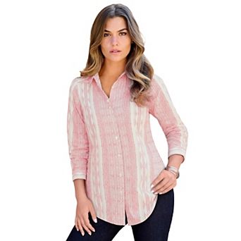 Roaman's Women's Plus Size Kate Long Sleeve Easy Cotton-Blend Button-Front Shirt