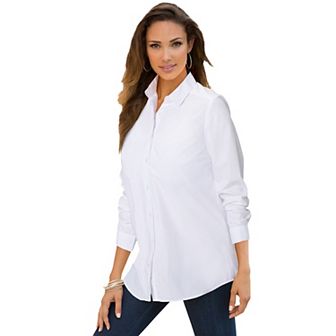 Roaman's Women's Plus Size Plus Size Kate Long Sleeve Easy Cotton-Blend Button-Front Shirt