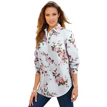 Roaman's Women's Plus Size Kate Long Sleeve Easy Cotton-Blend Button-Front Shirt