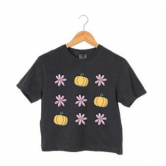 Pumpkin And Flowers Relaxed Fit Cropped Tee