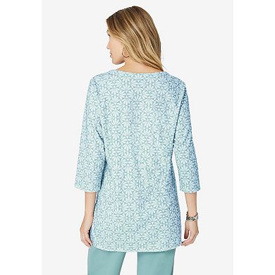 Roaman's Women's Plus Size Three Quarter Notch Neck Soft Knit Tunic