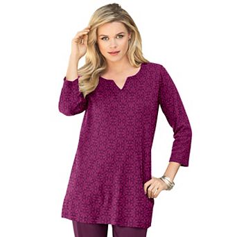 Roaman's Women's Plus Size Three Quarter Notch Neck Soft Knit Tunic